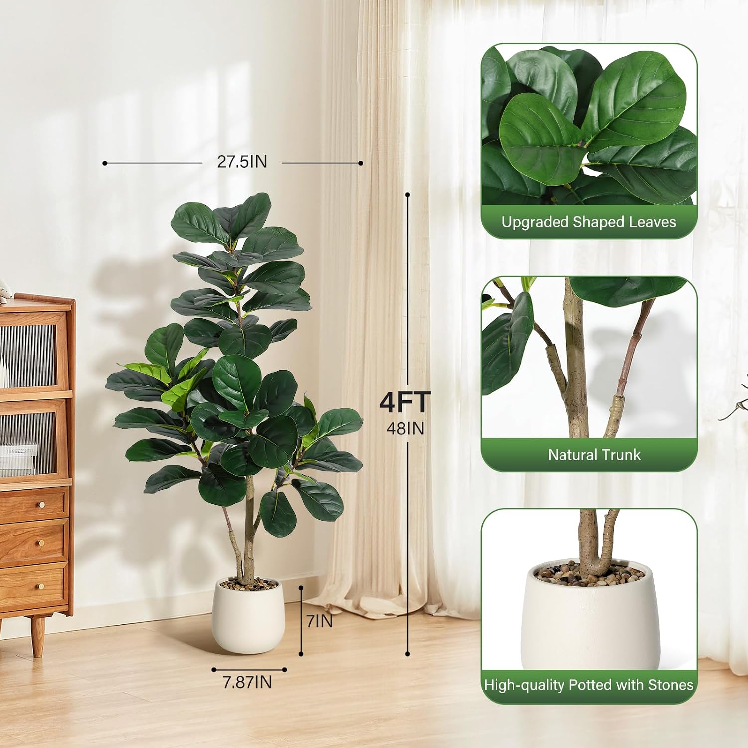 高さ約1.2mの人工フィドルリーフフィグツリー。48枚の葉が - Fiddle Leaf Fig のレビューと価格
